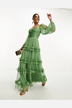 Lace & Beads Sheer sleeve ruffle maxi dress in olive