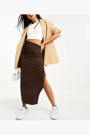 Stradivarius Maxi skirt with side split in chocolate