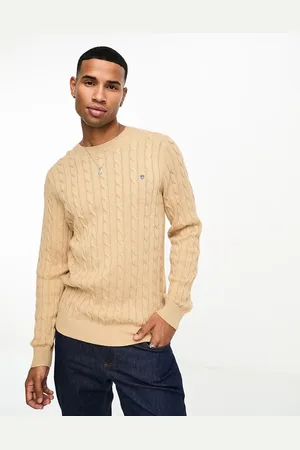 GANT Icon logo cotton cable knit jumper in tan marl
