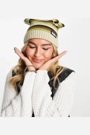 The Ragged Priest Fluffy striped square beanie hat in green