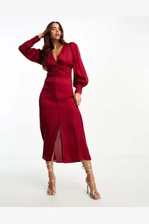 Miss Selfridge Satin jacquard button through lace trim midi dress in berry