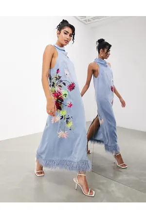 ASOS EDITION floral and leaf embroidered mesh maxi dress in pale blue