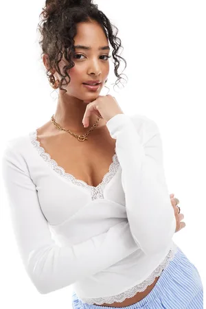 ASOS V neck long sleeve top with lace detail in