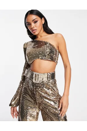 Kaiia sequin cropped cami bralette top co-ord in gold