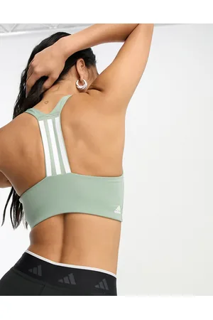 adidas Training tonal chest logo mid-support sports bra in black