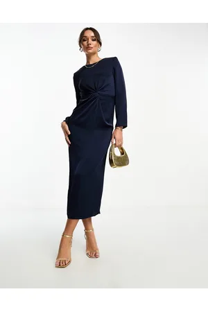 VILA Bridesmaid knot front satin midi dress in navy