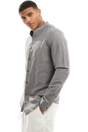 ASOS DESIGN regular smart linen shirt with mandarin collar in pink