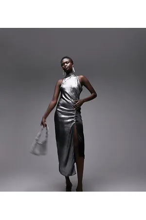 Topshop Bandeau Metallic Midi Dress in Silver