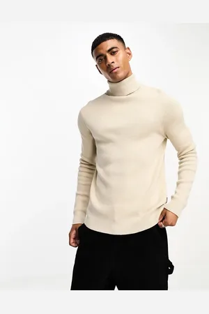 Only & Sons Roll neck ribbed jumper in beige