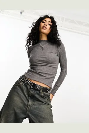 ONLY Lettuce edge high neck ribbed top in dark