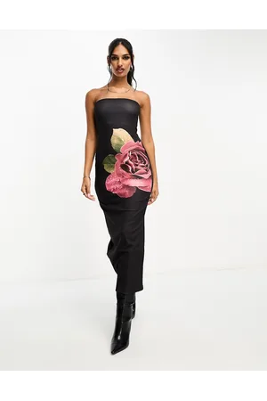 ASOS Design Satin Bandeau Midi Dress with Drape Twist Detail in Hot Pink