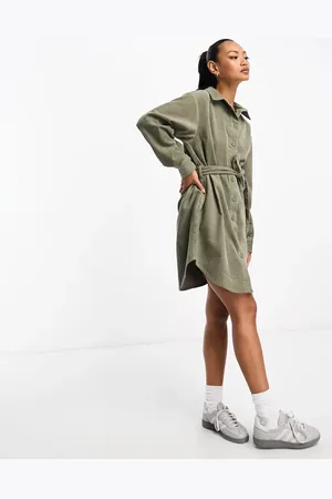 ASOS Cord belted shirt dress in khaki