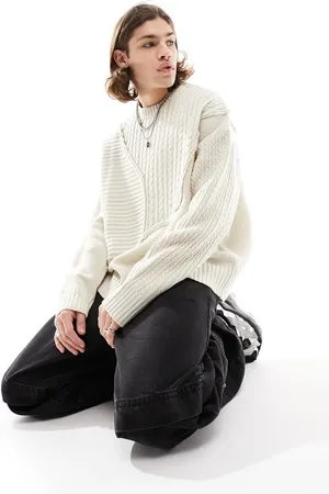 Bershka Cut&sew cable knitted jumper in ecru