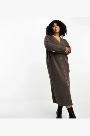 Yours Button through knitted dress in camel
