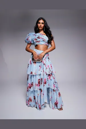 ASOS Co-ord tiered ruffle organza maxi skirt in blue floral print