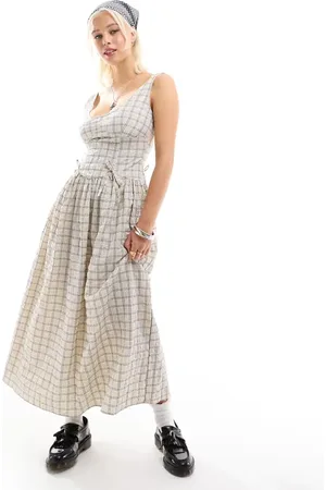 COLLUSION Tie detailed smock midi dress in camel check