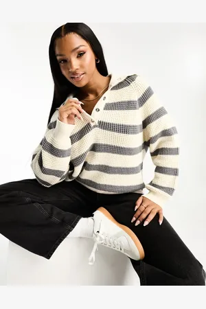Pull&Bear Button placket waffle knit jumper in stripe