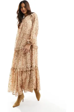 ASOS High neck smock maxi dress with frill detail in metallic floral