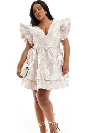 ASOS Curve jacquard plunge ruffle mini skater dress in pink floral print
