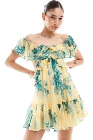 ASOS Ruffle cut out off the shoulder mini dress with hi low hem in yellow floral print