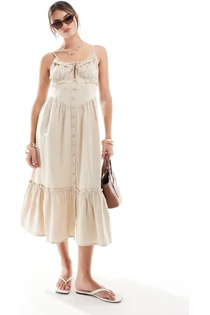Brave Soul Button front corset midi dress in beige