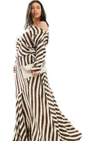 ASOS Curve fallen shoulder midi dress in chocolate stripe