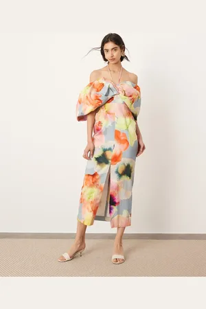 ASOS Bardot bow tie neck detail midi dress in mixed floral print