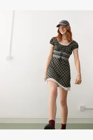 Reclaimed Babydoll mini dress in with lace trims in check