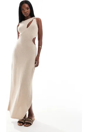 ASOS Knitted midaxi dress with cut out and hardware detail in taupe