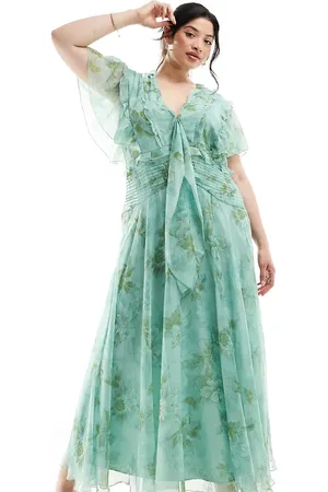 ASOS ASOS DESIGN Curve flutter sleeve tie front midi dress in sage floral print