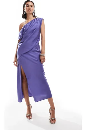 ASOS Satin off shoulder draped midi dress with split in