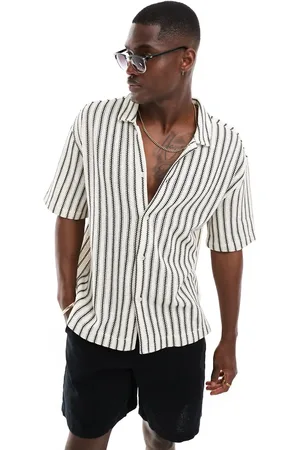 Bershka Textured revere neck stripe shirt in ecru