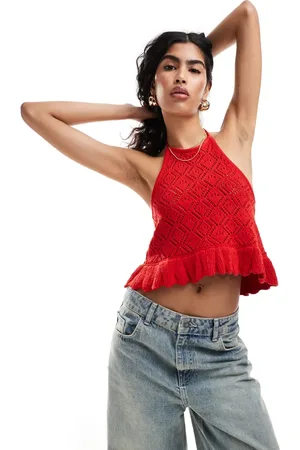 Miss Selfridge Crochet peplum hem halterneck cami in
