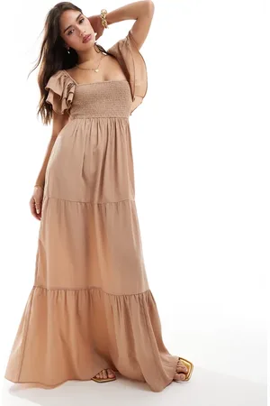 Pretty Lavish Ruffle sleeve shirred maxi dress in biscuit