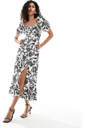 & OTHER STORIES Linen puff sleeve midaxi dress with split in black and white botanical print