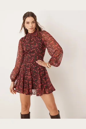 Miss Selfridge Chiffon shirred neck godet mini dress in floral print