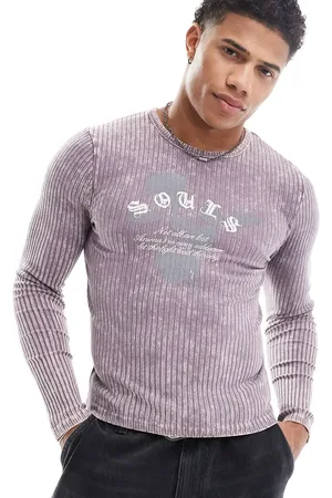 ASOS Muscle fit long sleeve t-shirt in washed purple rib with grunge front print