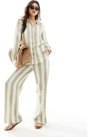 JDY Wide leg linen mix trouser co-ord in sage and white stripe
