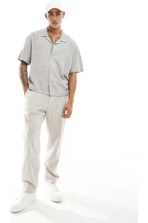 Weekday Charlie linen boxy fit short sleeve shirt in light mole