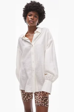 Topshop Textured ruched sleeve shirt in ivory