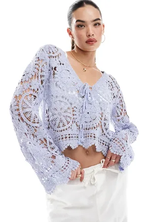 Object Cropped bell sleeve crochet top in pale