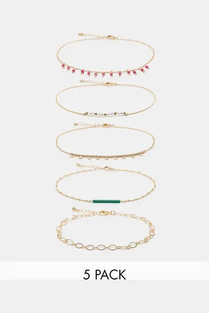 ASOS Pack of 5 anklets with pink and green bead design