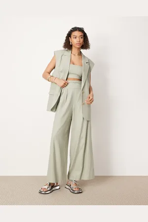 ASOS Ruched waistband super wide leg tailored trouser co-ord in dusky green