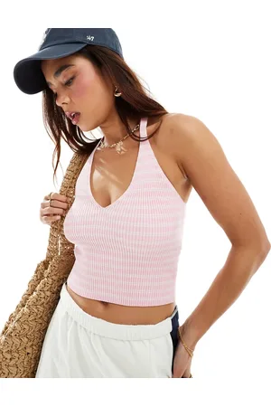 Pimkie Knitted halterneck top in pink and white stripe