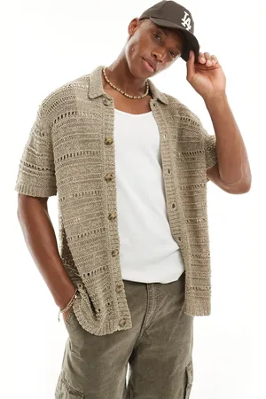 ASOS Knitted button through polo in texture in oatmeal