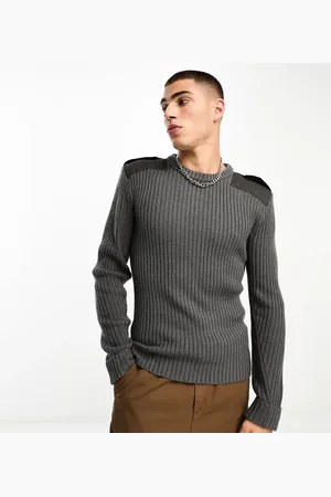 COLLUSION Knitted rib crewneck with utility details in charcoal