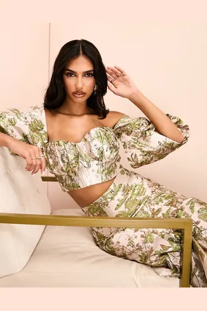 ASOS Co-ord jacquard off shoulder crop top in and gold floral