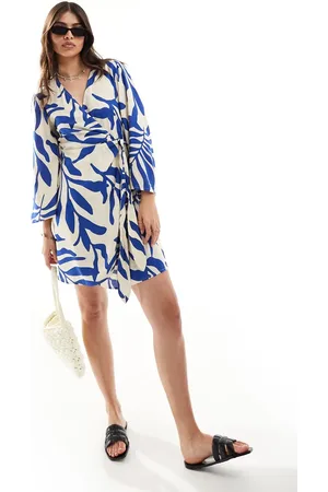 JDY Wrap kimono dress beige with blue palm print