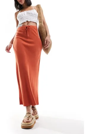 ASOS Linen look tie waist bias midi skirt in terracotta