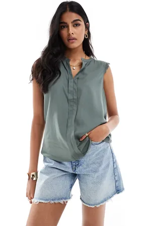 ONLY V neck sleeveless blouse with crochet trim in